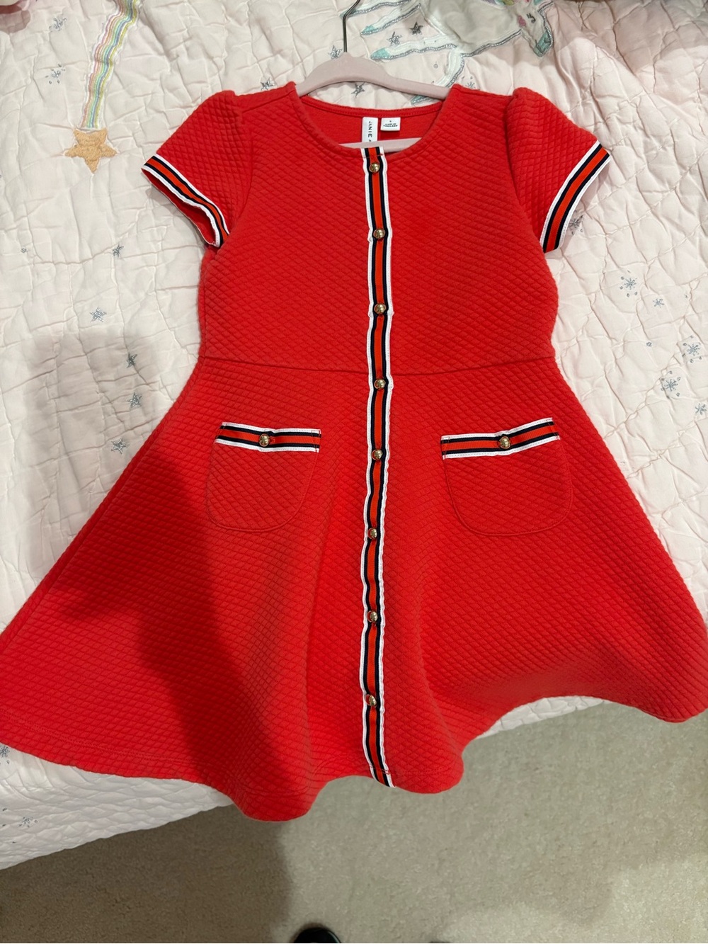 Janie and Jack Red Textured Fit & Flare Dress with Stripe Trim